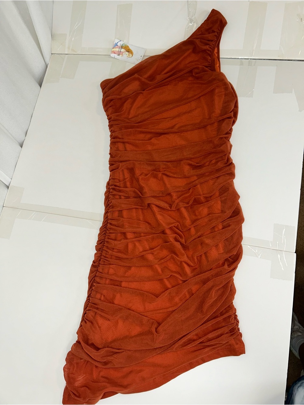 One-Shoulder Ruched Asymmetrical Dress in Rust - Picture 4 of 4